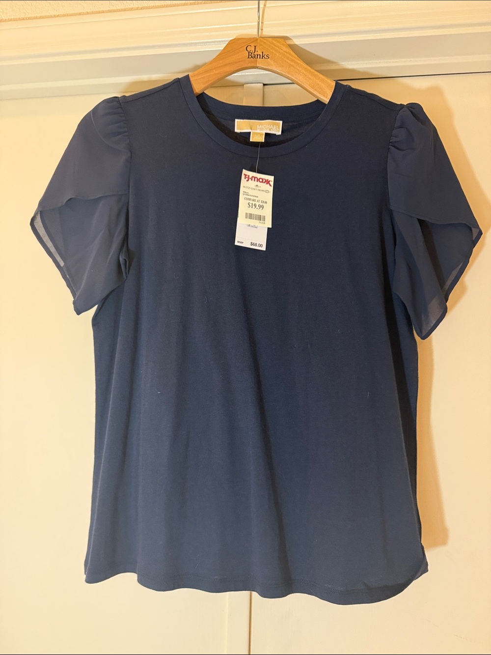 Michael Kors Navy Short-Sleeve Top with Sheer Puff Sleeves